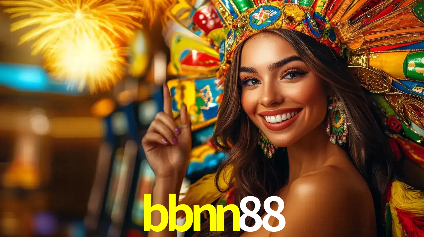 Mulher sorridente com um cocar de carnaval vibrante e colorido, celebrando uma grande vitória nos jogos do cassino bbnn88 com fogos de artifício ao fundo.