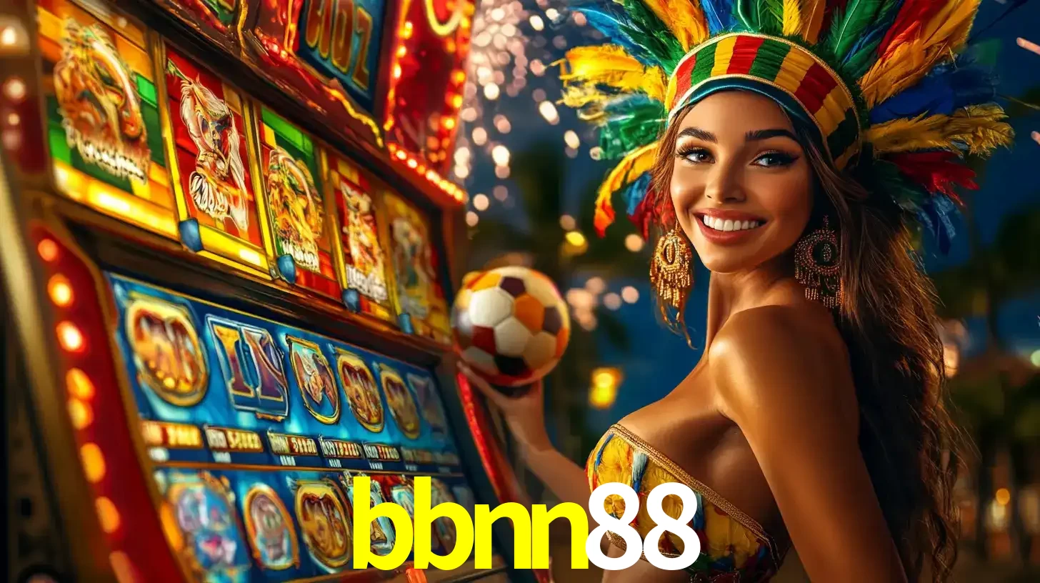 Mulher com um cocar de carnaval ao lado de uma máquina de caça-níqueis enquanto segura uma bola de futebol, mostrando a união da diversão de cassino e esportes no bbnn88.