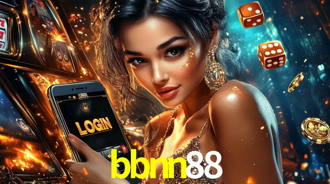 Mulher glamourosa segurando um celular com a tela de login do cassino bbnn88, rodeada por dados e moedas douradas, pronta para começar a diversão.