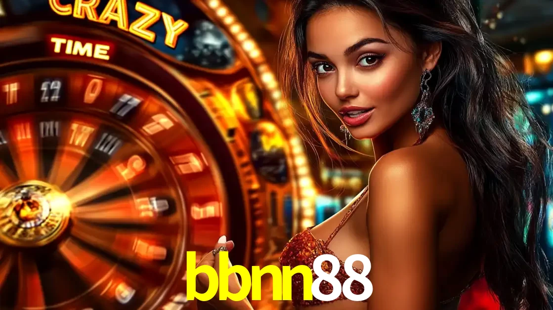 Mulher ao lado da roda de prêmios do jogo de cassino ao vivo Crazy Time, um dos shows de jogos mais emocionantes oferecidos pela plataforma de apostas bbnn88.