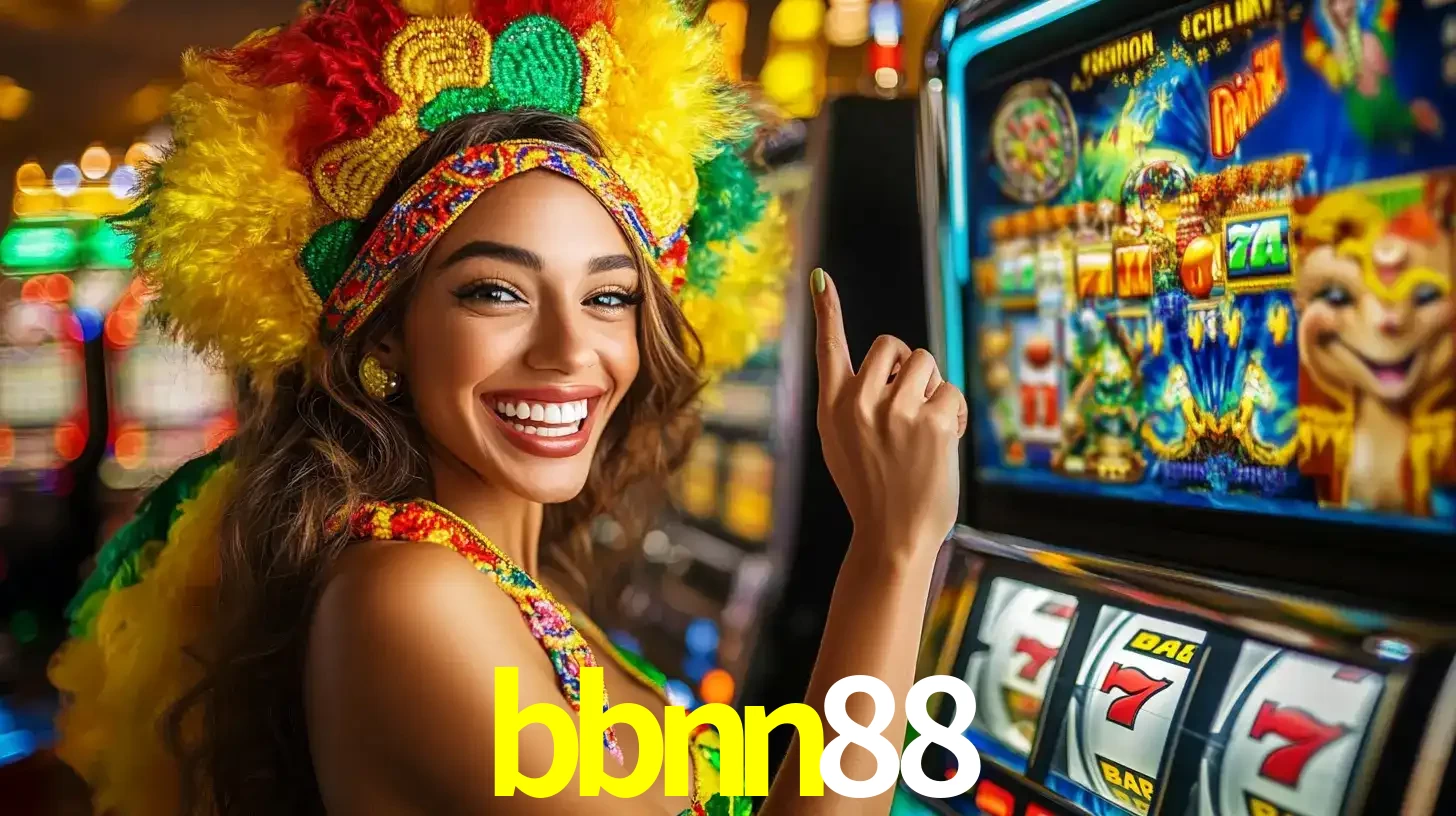 Mulher animada com um cocar de carnaval apontando para uma máquina de caça-níqueis, mostrando a emoção de ganhar um grande prêmio nos jogos do bbnn88.