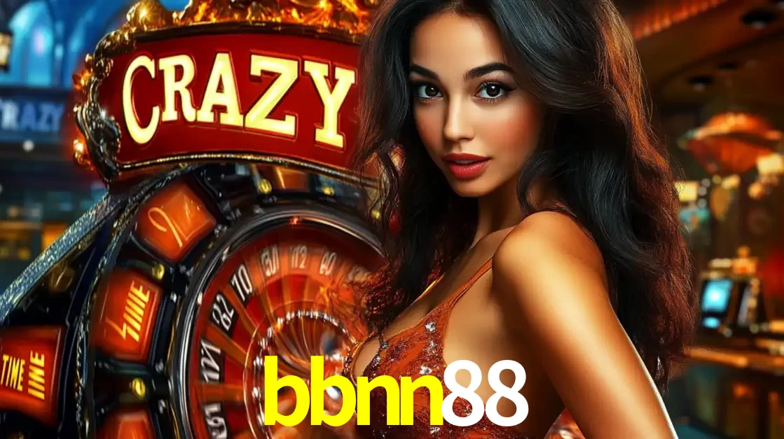 Mulher glamourosa olhando para a câmera com a roda vermelha do Crazy Time ao fundo em um ambiente de cassino, destacando a emoção dos jogos ao vivo no bbnn88.