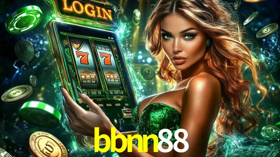 Mulher com tema verde apresentando o aplicativo do cassino bbnn88 com um jogo de slot de 777, cercada por fichas de cassino e uma aura de sorte.