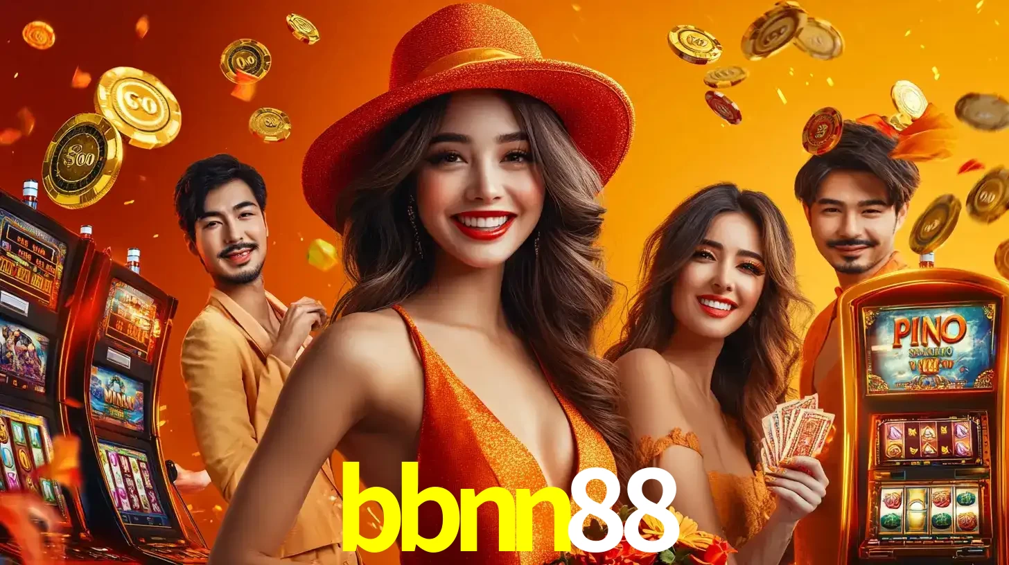 Grupo de amigos asiáticos sorrindo e se divertindo com máquinas de caça-níqueis em um ambiente festivo, celebrando suas vitórias nos jogos de cassino do bbnn88.