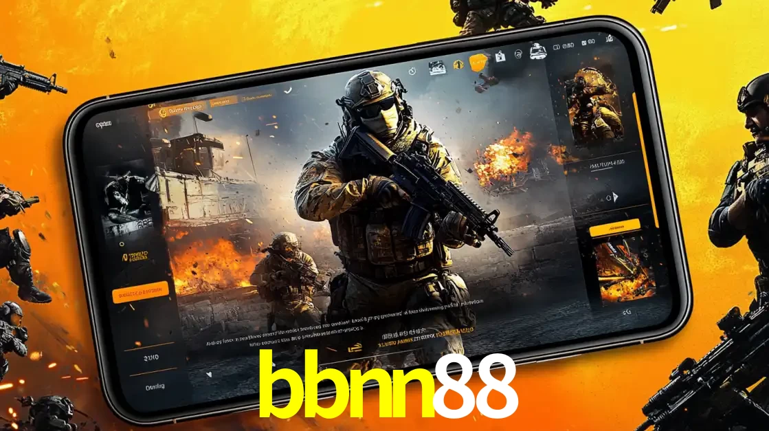 Um smartphone exibindo a interface de um jogo de tiro em primeira pessoa, com um soldado em um cenário de batalha, representando a ação dos e-sports para apostar no bbnn88.