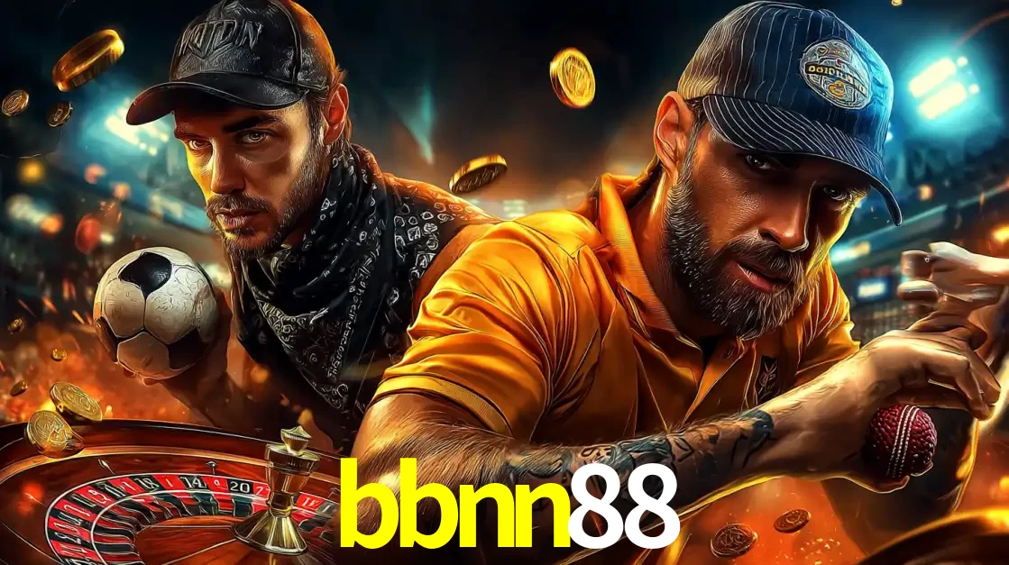 Montagem de apostas esportivas e cassino no bbnn88, com um homem segurando uma bola de futebol e outro uma de beisebol sobre uma roleta e moedas voadoras.