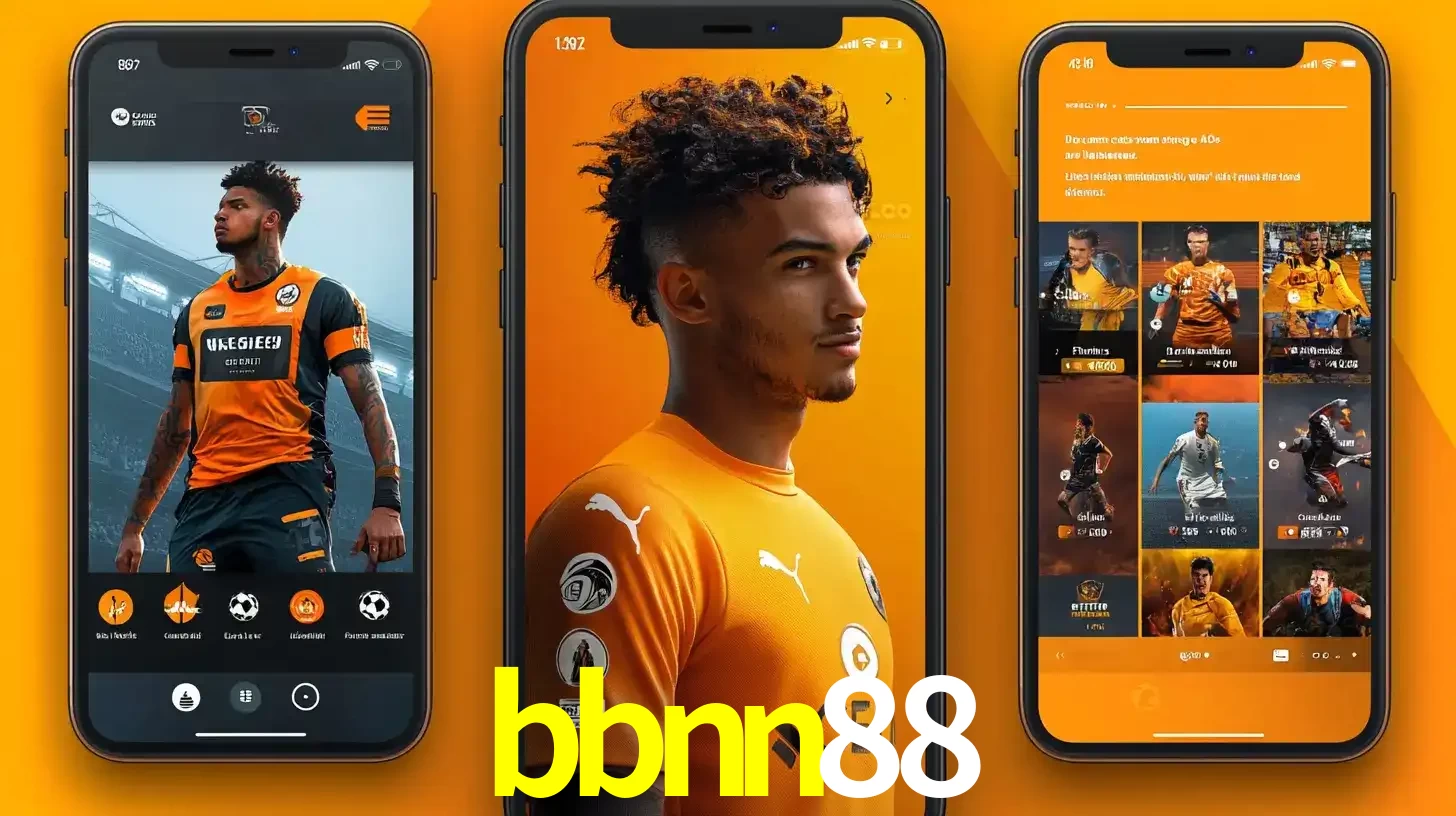 Interface do aplicativo de apostas esportivas bbnn88 em três telas de celular, mostrando o perfil de um jogador de futebol e a lista de jogos disponíveis para apostar.