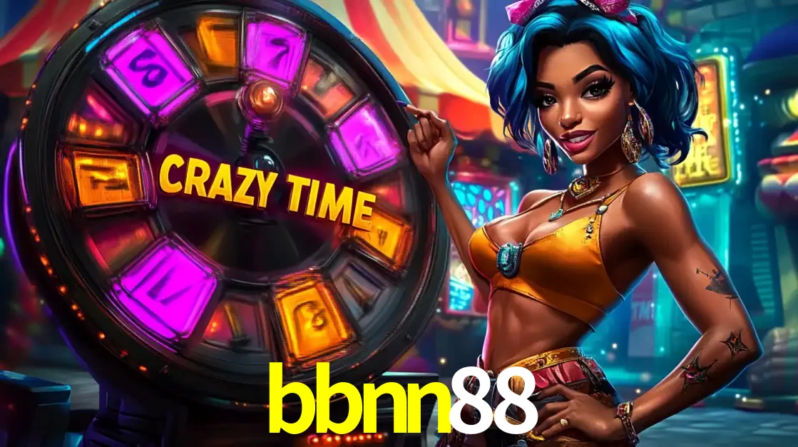 Mulher estilizada com cabelo azul e visual vibrante posando ao lado da roda de prêmios do game show Crazy Time, convidando para a diversão e os bônus do cassino bbnn88.