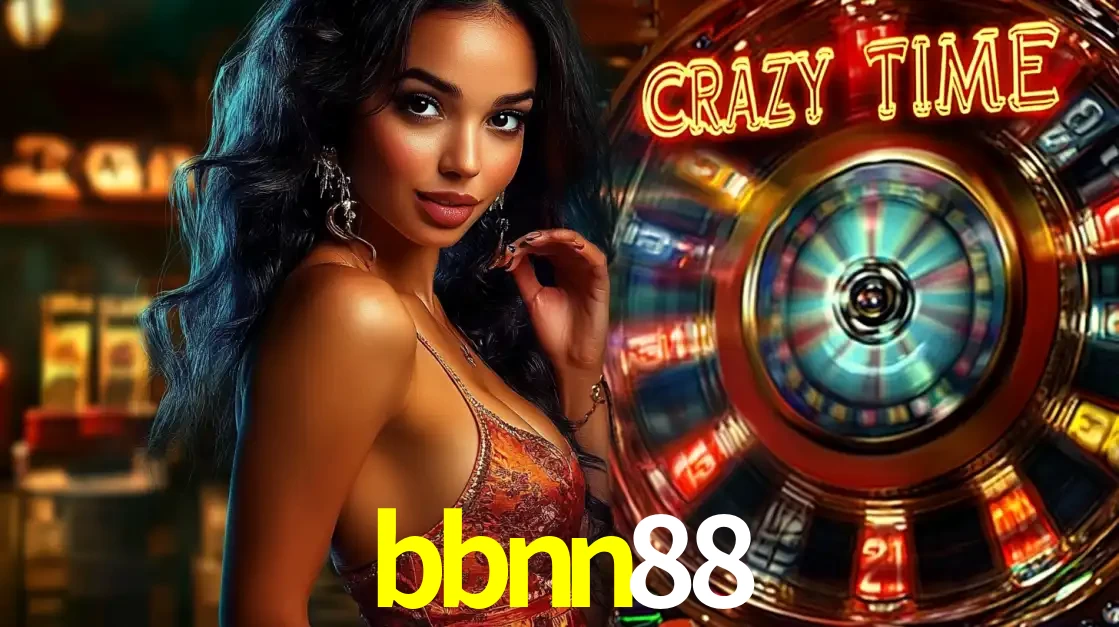 Mulher elegante ao lado da vibrante roda da fortuna do jogo de cassino ao vivo Crazy Time, um dos game shows mais populares e cheios de prêmios do bbnn88.