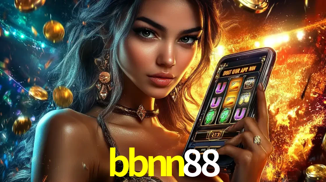 Mulher elegante mostrando um jogo de caça-níqueis em seu smartphone, destacando a experiência de cassino móvel oferecida pelo aplicativo bbnn88.