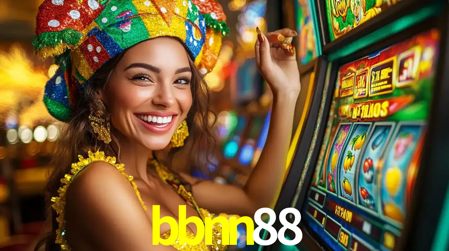 Mulher feliz com traje de carnaval amarelo e colorido ao lado de uma máquina de caça-níqueis, aproveitando a diversão e os jogos temáticos do cassino bbnn88.