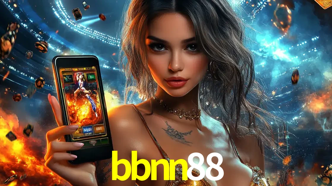 Mulher segurando um celular com um jogo de slot em destaque, tendo como fundo um estádio vibrante, simbolizando a emoção de jogar no cassino móvel bbnn88.