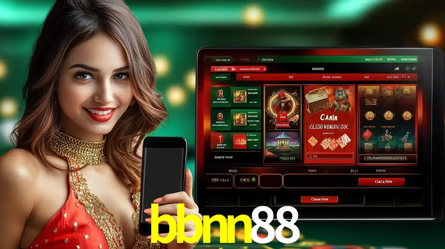 Mulher sorridente segurando um smartphone, ao lado de uma tela exibindo o lobby de jogos do cassino online bbnn88, com várias opções de jogos de cartas e slots.
